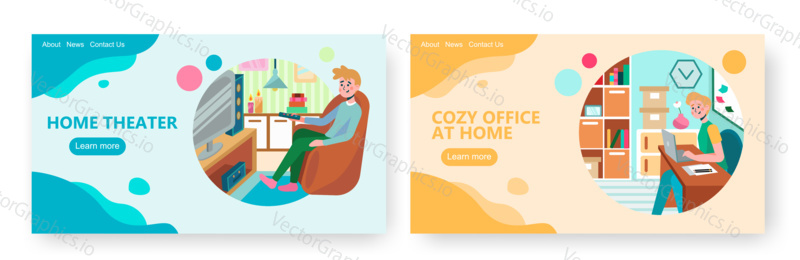 Man watches movie on home theater. Guy work with laptop at home office. Concept illustration. Vector web site design template.