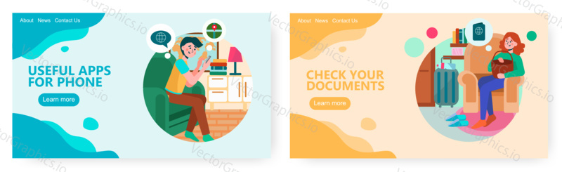 Man using mobile phone apps. Woman check documents before going to trip. Travel preparations concept illustration. Vector web site design template.