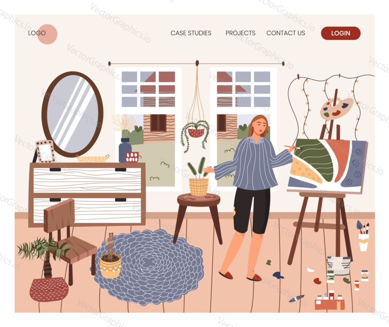 Female artist painting abstract art on the easel. Art studio concept illustration. Vector web site design template. Landing page website illustration