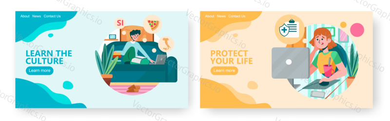 Man plans his trip to Europe and learn about new country. Woman buys health insurance online. Concept illustration. Vector web site design template.