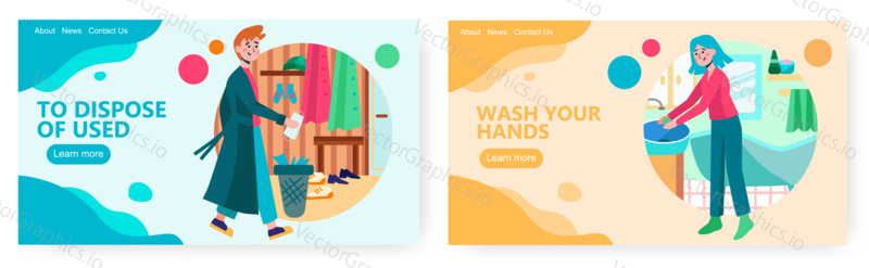 Man discard face mask to trash bin when back home. Woman wash hand in bathroom. Coronavirus prevention and hygiene concept illustration. Vector web site design template.