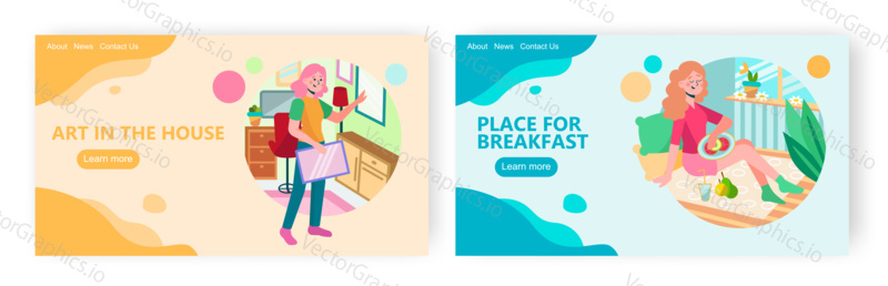 Girl having healthy breakfast with fruits on a floor. Woman change decoration art in her home interior. Concept illustration. Vector web site design template.