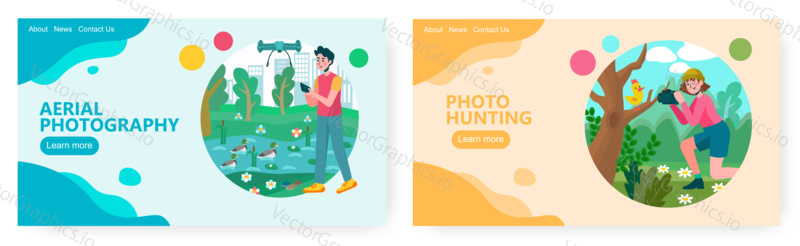 Man controls drone and takes aerial photo in a park. Woman taking photo on a bird on a tree. Birdswatching concept illustration. Vector web site design template.