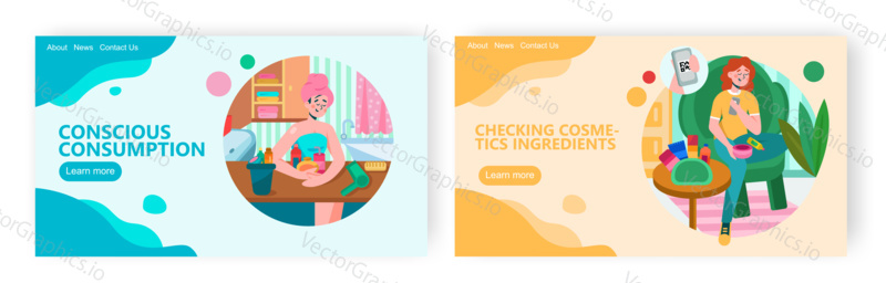 Woman use natural organic cosmetic. After shower body and hair care procedure. Beauty concept illustration. Vector web site design template. Landing page website illustration.