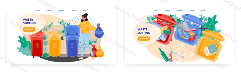 Woman put garbage bag into trash bin. Waste sorting and recycle concept illustration. Vector web site design template. Different colors containers for different types of waste. Plastic, metal, paper.