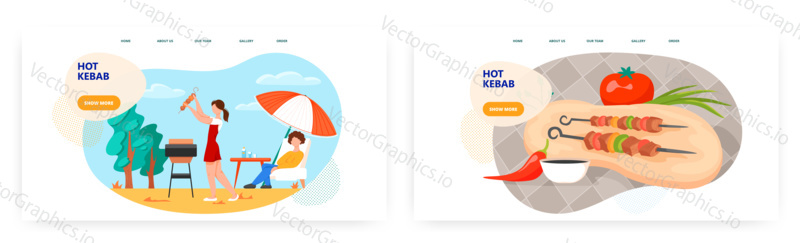 Woman grills barbecue in a park. Shish kebab, meat on a skewer. BBQ Concept illustration. Vector web site design template. Couple enjoy weekend and grill kebab.