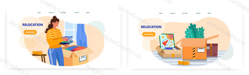 Woman prepares to move and packs books to cardboard box at home. House relocation concept illustration. Vector web site design template. Box with books and stuff. Moving service.