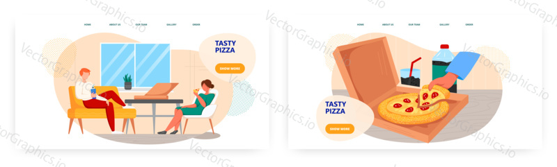 Couple enjoy pizza at home in front of big window. Pizza slice in a box and cup of soda. Fast food concept illustration. Vector web site design template.