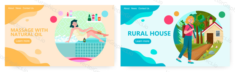 Woman taking a bath and scrubbing. Beauty cosmetic concept illustration. Vector web site design template. Woman walk to countryside house in a forest.