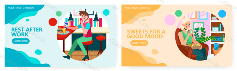 Woman eating sweet donuts at home. Man having lunch in fast food restaurant. Junk food concept illustration. Vector web site design template. Fast food, burger, donuts.