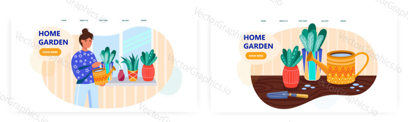 Woman watering plants in home garden. House plants concept illustration. Vector web site design template. Potted flowers, houseplants, florist hobby.