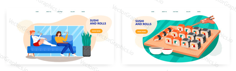 Two woman eat japanese food at home. Sushi and rolls dinner menu set. Japanese sushi concept illustration. Vector web site design template.