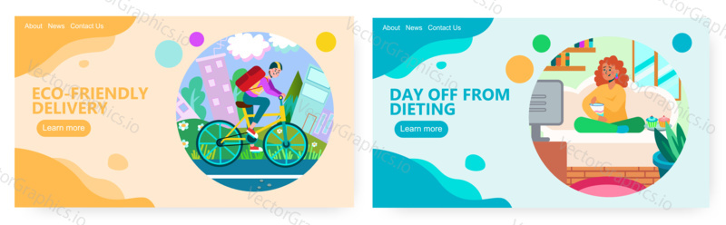 Eco friendly delivery by bicycle. Delivery guy in urban city landscape. Weekend at home concept illustration. Vector web site design template. Woman eating sweets and watch TV.