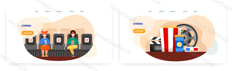 People wear mask and keep distance in a movie theater. Social distancing and coronavirus covid-19 prevention in cinema. Concept illustration. Vector web template. Popcorn, film reel, cinema glasses.