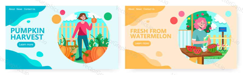 Female farmer harvest pumpkin. Woman makes watermelon juice. Concept illustration. Vector web site design template. Autumn and summer seasons.