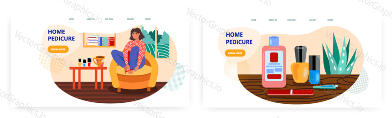 Woman doing pedicure at home by herself. Beauty care concept illustration. Vector web site design template. Woman polish and paint her nails. Pedicure and manicure tools, color, nail file.