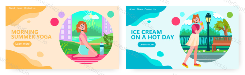 Woman doing yoga outside in a park. Summer time concept illustration. Vector web site design template. Young girl enjoy her ice cream and walk on a steet. Summer weekend.