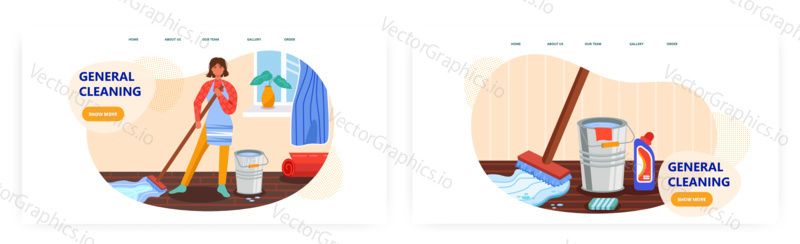 Woman cleaning floor at home. House cleaning supplies, mop, bucket, detergent. Clean home service concept illustration. Vector web site design template.