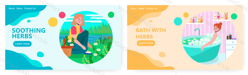 Woman picking up flowers on a field. Herbs cosmetic and spa concept illustration. Vector web site design template. Woman taking a bath with herbs and flowers.