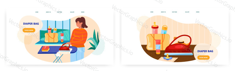 Woman ironing newborn baby clothes. Baby care concept illustration. Vector web site design template. Diaper bag with milk bottles.