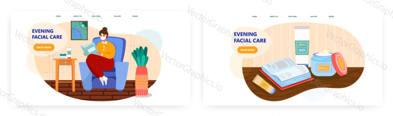 Woman with facial cosmetic mask on her face read a book. Beauty and skin care concept illustration. Vector web site design template. Facial mask, cream, cosmetics bottle.