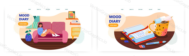 Teenage girl write diary in her room. Open diary journal lies on a desk. Concept illustration. Vector web site design template. Memo textbook, notepad, book.