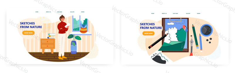 Woman holds peace of paper and look outside window. Hand drawn landscape sketch. Concept illustration. Vector web site design template. Woman draw a sketch with pencils.