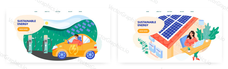 Woman works with laptop in house with solar panels on a roof. Renewable energy concept illustration. Vector template. Electric car, charging station. Green sustainable energy and power eco technology.