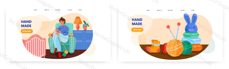 Woman knitting socks for her baby. Hobby at home concept illustration. Vector web site design template. Wool, knitting needles, clew. Woman knit handcraft clothes.