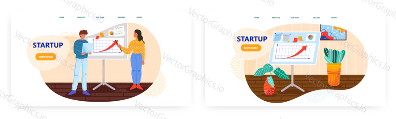 Man and woman team pitch startup to investors. Startup business concept illustration. Vector web site design template. Business presentation with financial charts and graphs.