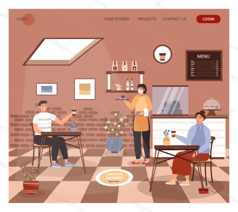 Coffee shop with social distancing rules. Coronavirus pandemic new normal concept illustration. Vector template. Barista serves coffee and cakes and uses face mask. Customers keep safe distance.