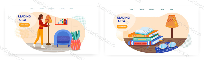 Woman prepare comfortable place to read a book. Reading area at home concept illustration. Vector web site design template. Stack of books and glasses on a desk.