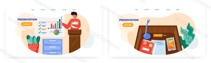 Man giving a talk at a business conference. Seminar or business workshop concept illustration. Vector web site design template. Speaker behind podium. Business presentation or lecture.
