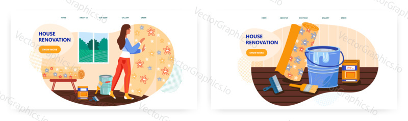 Woman repair room and putting new wallpapers at home. House renovation concept illustration. Vector web site design template. Wallpaper roll, paintbrush, bucket of glue.