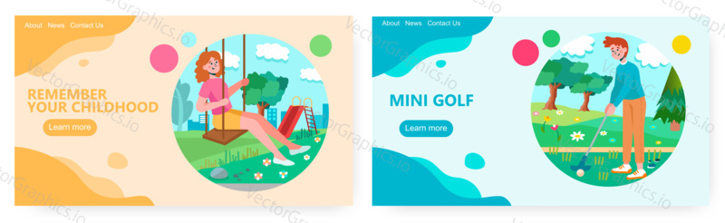Woman on a swing on summer day enjoy her free time. Man plays gold on a green field. Weekend concept illustration. Vector web site design template.