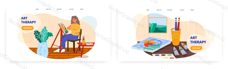 Female artist paints geometric abstract art work. Art therapy concept illustration. Vector web site design template. Paintbrush, palette, canvas, colors. Artist at work.