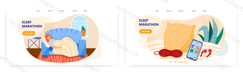 Woman sleep on a couch at home. Nap during the day concept illustration. Vector web site design template. Pillow, eye mask, mobile phone.
