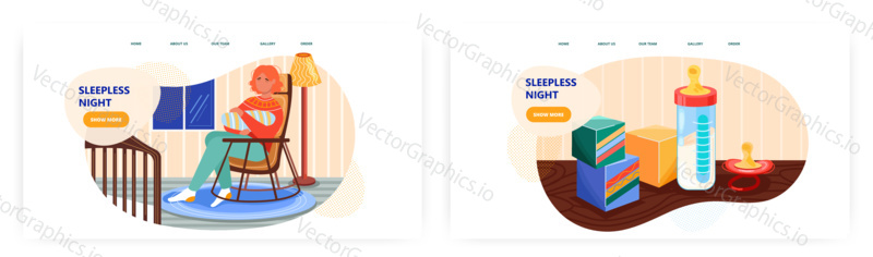 Mother breastfeeding and trying to put to sleep her newborn baby. Materinity and baby care concept illustration. Vector web site design template. Milk bottle, toys, pacifier.
