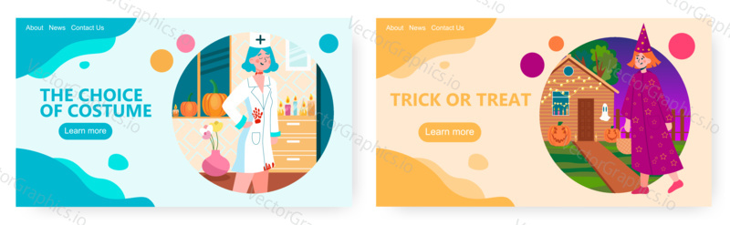 Woman in sexy nurse halloween costume. Halloween holiday party concept illustration. Vector web site design template. Woman plays trick or treat and wear witch dress.