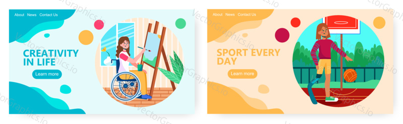 Женщина со спортивным протезом коленного сустава играет в баскетбол. Иллюстрация концепции инвалидности. Векторный шаблон дизайна веб-сайта. Девочка-инвалид на инвалидной коляске рисует пейзаж у себя дома.