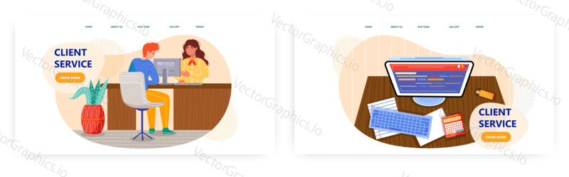 Bank teller and customer service receptionist. Woman behind desk talk to client. Office computer on a desk. Concept illustration. Vector web site design template.