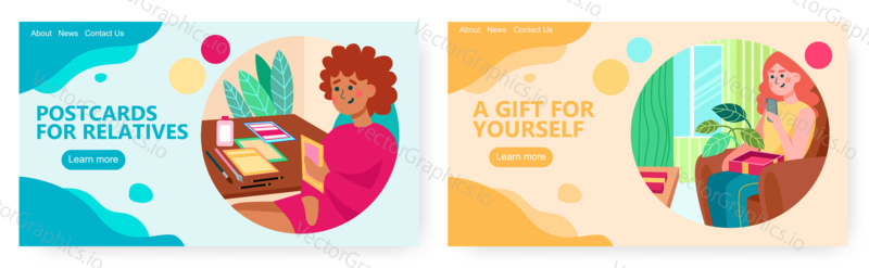 Happy woman opened gift box with new phone. Holiday present concept illustration. Vector web site design template. Woman makes postcards by herself.