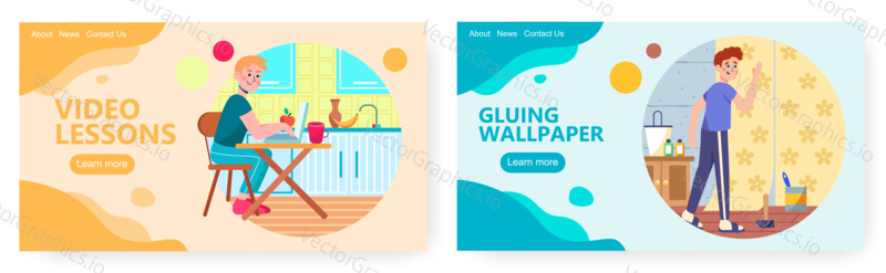 Handyman apply new wallpapers. Home renovation concept illustration. Vector web site design template. Man works with laptop from home kitchen.