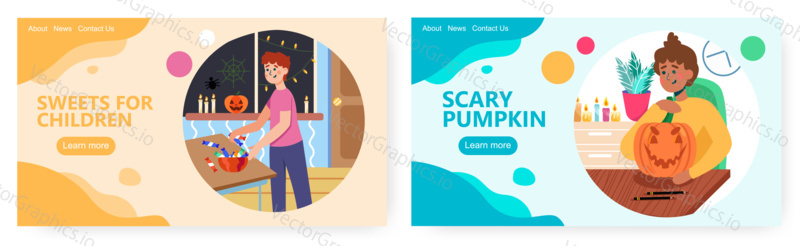 Woman prepare candy for treat or trick traditional autumn festival. Halloween holiday concept illustration. Vector web site design template. Woman carved halloween pumpkin.