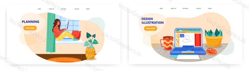 Woman with laptop sitting on windowsill and working from home. Laptop on a desk with graphic design software. Digital design concept illustration. Vector web site design template.