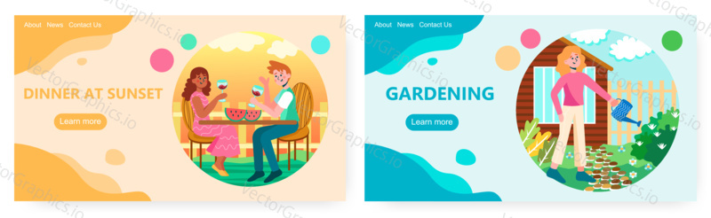 Couple having romantic dinner and drinking wine on sunset. Love and date concept illustration. Vector web site design template. Woman watering flowers in the garden outside house.