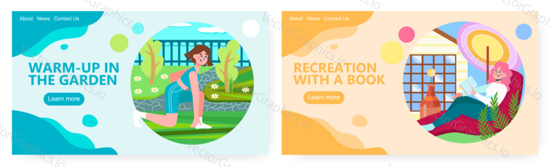 Woman prepares for running in a park. Outdoor sport and workout concept illustration. Vector web site design template. Woman reading book in garden outside house. Summer hobby.