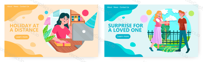 Woman celebrates her birthday online. Woman giving present to a man with closed eyes in a park. Birthday gift concept illustration. Vector web site design template.