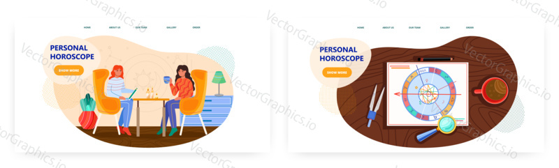 Woman reads zodiac signs and make personal horoscope for customer. Horoscope reading and astrology vector concept illustration. Zodiac symbols wheel. Web site design template.