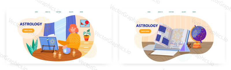 Woman put her hand on crystal ball and reads mystic book. Astrology and zodiac signs vector concept illustration. Book with constellation and zodiac symbols. Web site design template.